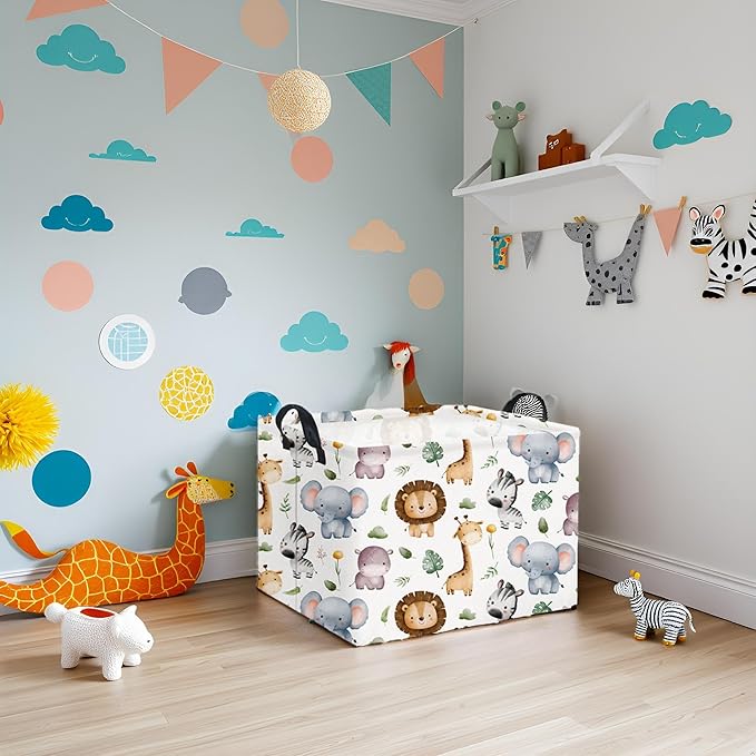 HIYAGON Rectangular Woodland Animal Basket Baby Storage Basket Storage Bin Organizer Box Animal Room Decor(Animal Basket)