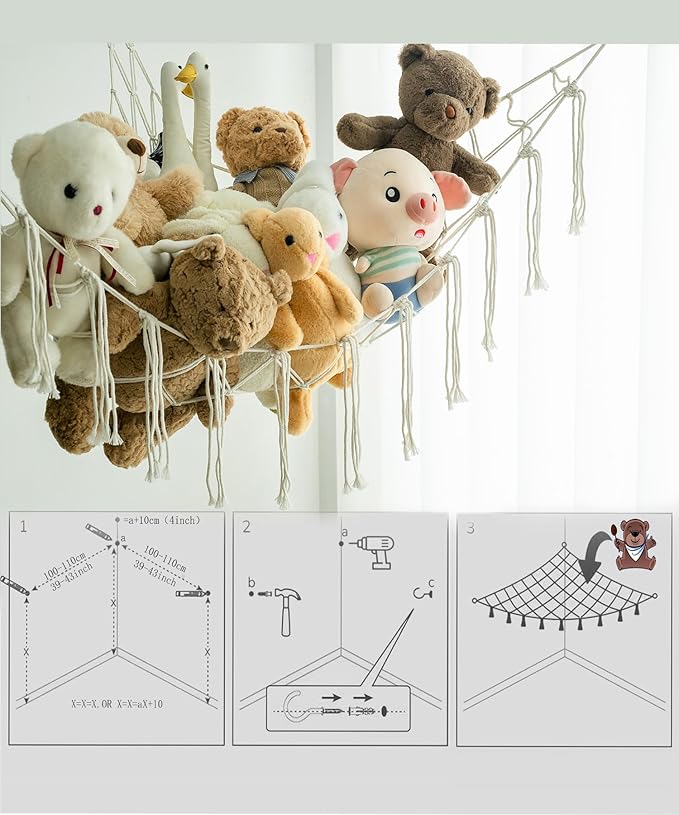 Stuffed Animal Storage Corner Hammock or Net,Toy Storage Hammock for Stuff Animals,Plushie Net for Nursery Bedroom Wall,Stuffed Animal Organizer Holder for Plush,Cute Boho Room Decor(Beige)