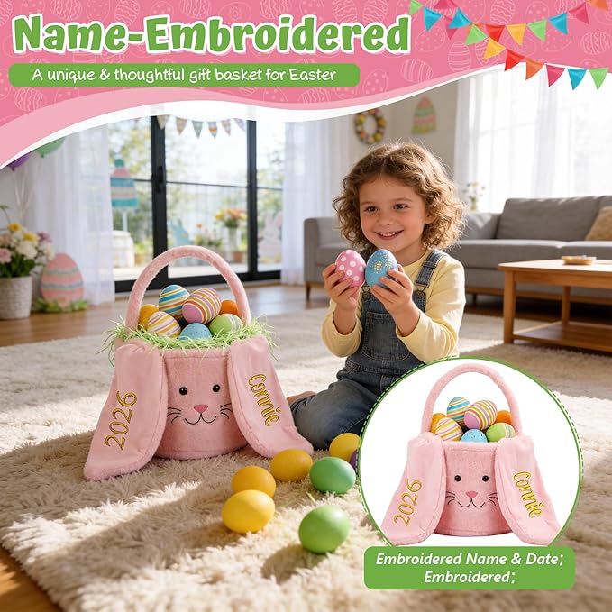 Personalized Easter Baskets for Kids Egg Basket Gingham Bunny Ear Bucket Candy with Handle Tote Bucket Reusable Goody Baskets for Kids Gifts Bags