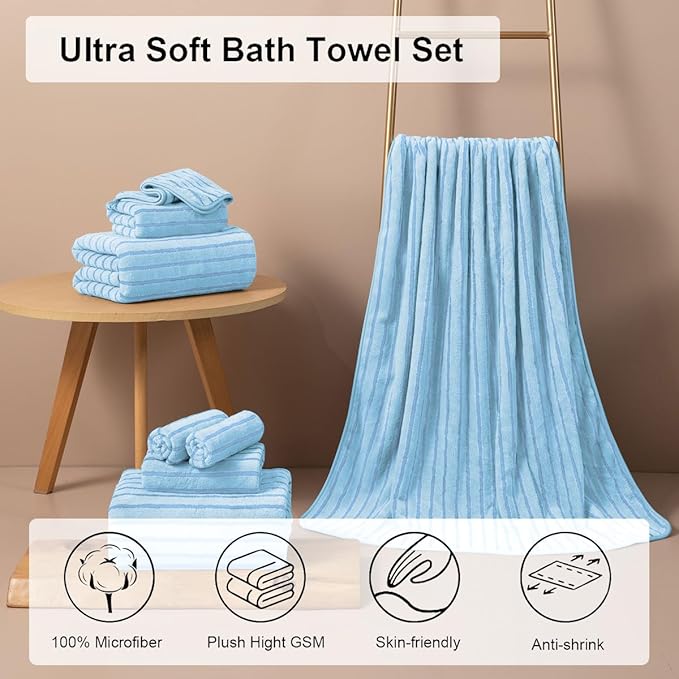 4 Piece Blue Cabana Stripe Large Bath Towels 35"x70" Oversized Bath Sheet Super Soft Breathable Jumbo Bathroom Towels Highly Absorbent Shower Towel Quick Dry Beach Chair Towel Spa Gym Hotel Towel Set