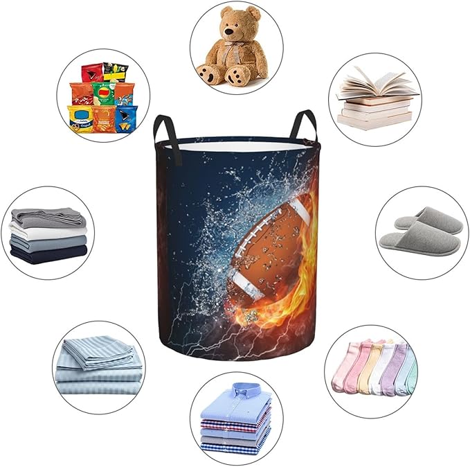 American Football Ball In Fire And Water Round Laundry Hamper Sport Rugby Storage Basket Toys Clothes Organizer Bin For Home Bathroom Bedroom Dorm Nursery, 62l