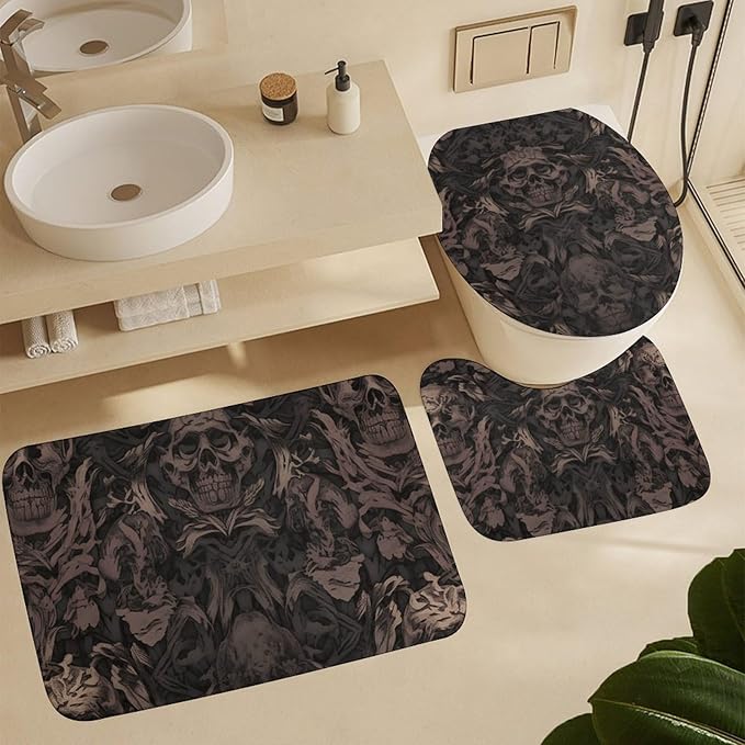 4-piece Bathroom Set with Waterproof Shower Curtain, Non-slip Absorbent Rug,Gothic Wallpaper for Walls Skull Damaskprinting And Toilet Seat Cover - Bathroom Accessories And Decor for Modern Homes, Wit