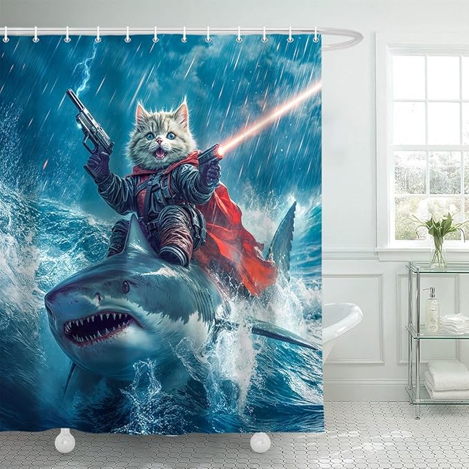 70x75 Inch Funny Cat Riding Shark Waterproof Shower Curtain - Blue Ocean Bathroom Decor with Hooks, Humor Polyester Bathtub Curtain for Kids Teens Adults