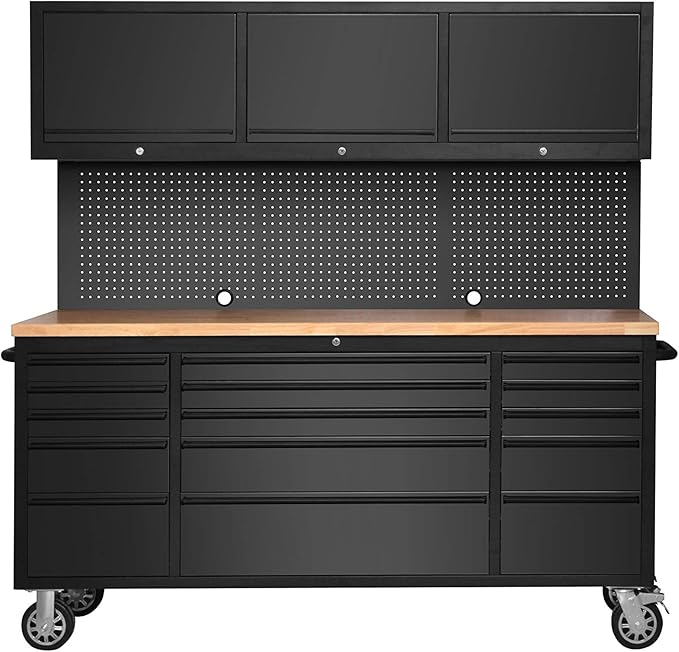 SINDA 72 Inch Tool Chest with Drawers and Wheels Mobile Workbench Garage Tool Storage Cabinet Large Rolling Lockable Tool Box with Wood Top, 15 Drawers + 3 Upper Cabinets, Matte Black