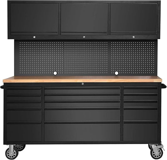 SINDA 72 Inch Tool Chest with Drawers and Wheels Mobile Workbench Garage Tool Storage Cabinet Large Rolling Lockable Tool Box with Wood Top, 15 Drawers + 3 Upper Cabinets, Matte Black