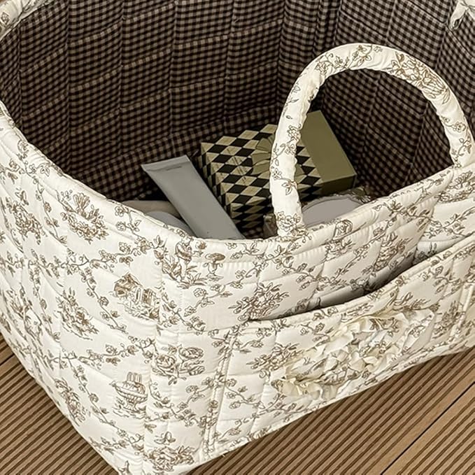 JQWYGB Foldable Laundry Basket Boho Bear Storage Basket Floral Quilted Fabric Car Storage Basket Handles Large Laundry Baskets for Clothes and Dolls