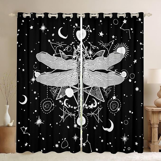 Gothic Moth Shower Curtain,Galaxy Sun and Moon Constellation Boho Style Skull Skeleton Bath Curtain for Kids Bathtubs Decor,Halloween Black White Waterproof Shower Curtain 72" Wx72 L