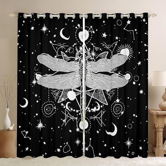 Gothic Moth Shower Curtain,Galaxy Sun and Moon Constellation Boho Style Skull Skeleton Bath Curtain for Kids Bathtubs Decor,Halloween Black White Waterproof Shower Curtain 72" Wx72 L