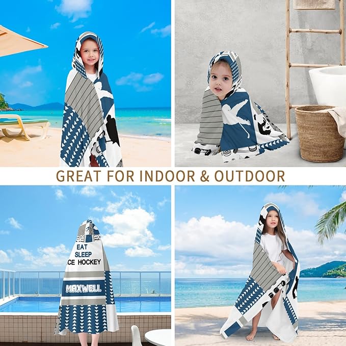 Hooded Bath Towels for Kids, Hockey Sky Blue Personalized Towel for Swimming Robe | Bathing | Beach | Birthday Gifts