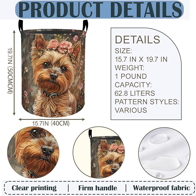 Cute Yorkshire Terrier Laundry Basket Hamper 19.7"x15.8", Dog Foldable Waterproof Oxford Clothes Storage Bucket for Room Bathroom Bedroom Nursery Decor, Toy Organizer Bins Gifts for Kids Boys Girls