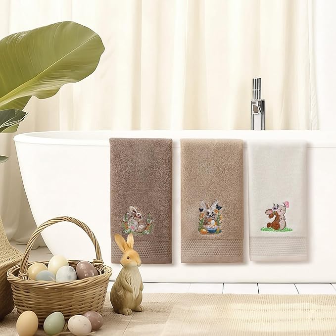 3 Pack Easter Bunny Hand Towels Brown Bathroom Decor 13.4 x 29.2 Inch Cotton Embroidered Bunny with Easter Egg Bathroom Towel Absorbent Decorative for Hand Drying Cleaning Gift