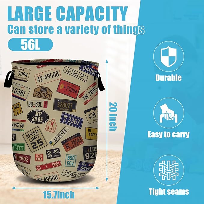 Colourful Car Number Plates Laundry Basket, Laundry Hamper Collapsible Oxford Cloth with Handle Clothes Toy Storage Bin for Bathroom Laundry Room Bedroom 15.7 X 20 Inch
