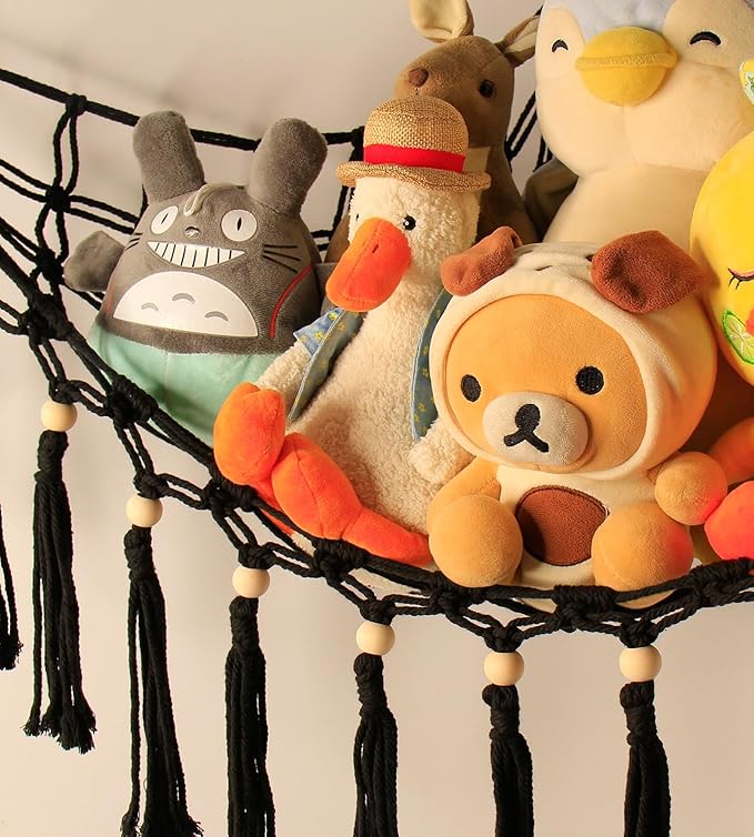 Stuffed Animal Hammock Corner Storage - Toy Hammock Net Organizer with LED Light - Tedddy Hammocks Plushie Net Holder - Black Wall Decor for Boy Living Room Bedroom