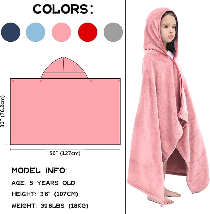 Hiturbo Kids Hooded Bath Towel: Soft Plush Pool Beach Fleece Towel Blanket - 50"x30" Toddler Towels Wrap for Boys Girls 3-12 Years (Pink)