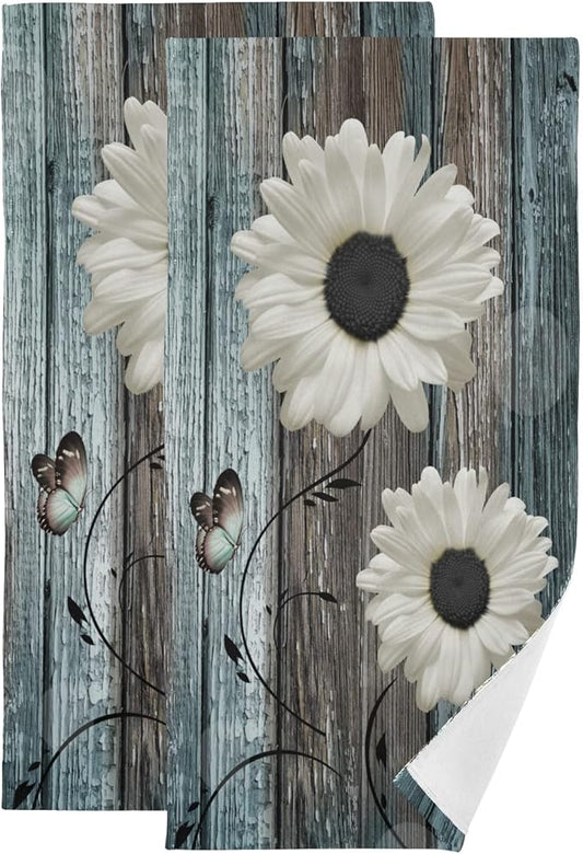 Hand Towels for Bathroom Set of 2 Farmhouse Floral Rustic White Daisy Flower Teal Blue Wooden Plank Soft Absorbent Small Bath Towels Decorative Kitchen Guest Dish Towel for Gym,Spa 28x14in