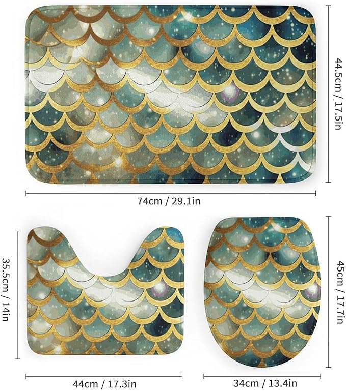 4 Piece Bathroom Rug Set with Shower Curtain, Non-Slip Bath Mat Toilet Cover Set, Golden Glittering Fish Scales Bathroom Rug Sets