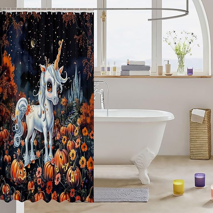Happy Halloween Shower Curtain with Hooks,Pumpkin Lantern Daisy Castle Room Decor Bath Curtain,Cartoon Unicorn Bathroom Accessories Waterproof Panel,72x 84 Inches