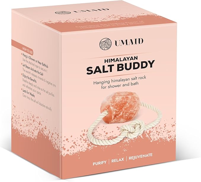 UMAID Himalayan Bath Salt Buddy™ 2 lb – Hanging Mineral Salt Rock for Shower & Bath, Solid Pink Himalayan Stone for Natural Steam, Relaxation & Spa-Like Self-Care, Unique Gift for Men & Women