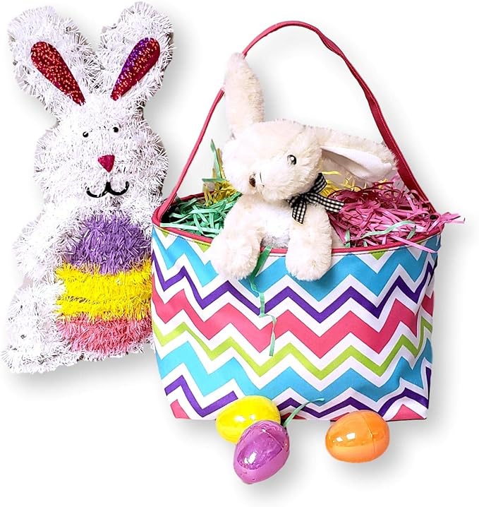 ZIg Zag Chevron Material Easter Basket Bucket for Toys Egg Hunting Party (Pink Chevron with Embroidered Name)