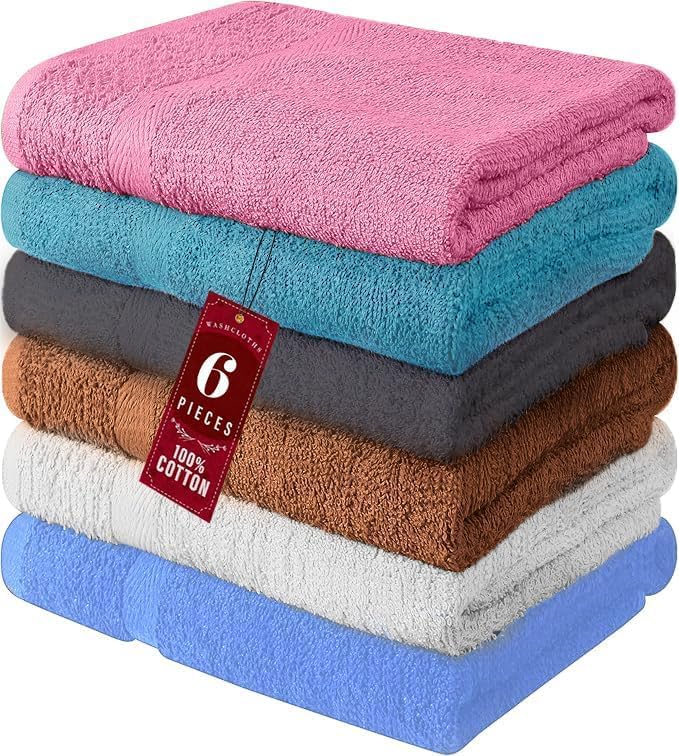100% Cotton Bath Towel Set – Soft, Absorbent Towels for Bathroom, Spa & Gym Use – Durable, Reusable & Machine Washable Bath Towels - Multicolor, 27x54 Inches, Pack of 6
