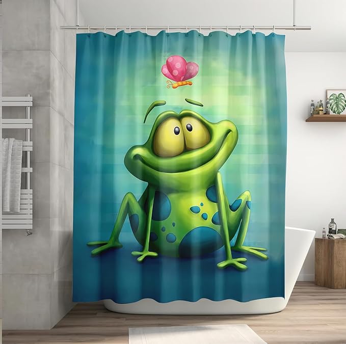 4 Pieces Cute Frog and Lotus Flower Shower Curtain Set Bathroom Mats Set, Non-Slip Rug Carpet Toilet Cover Shower Curtain