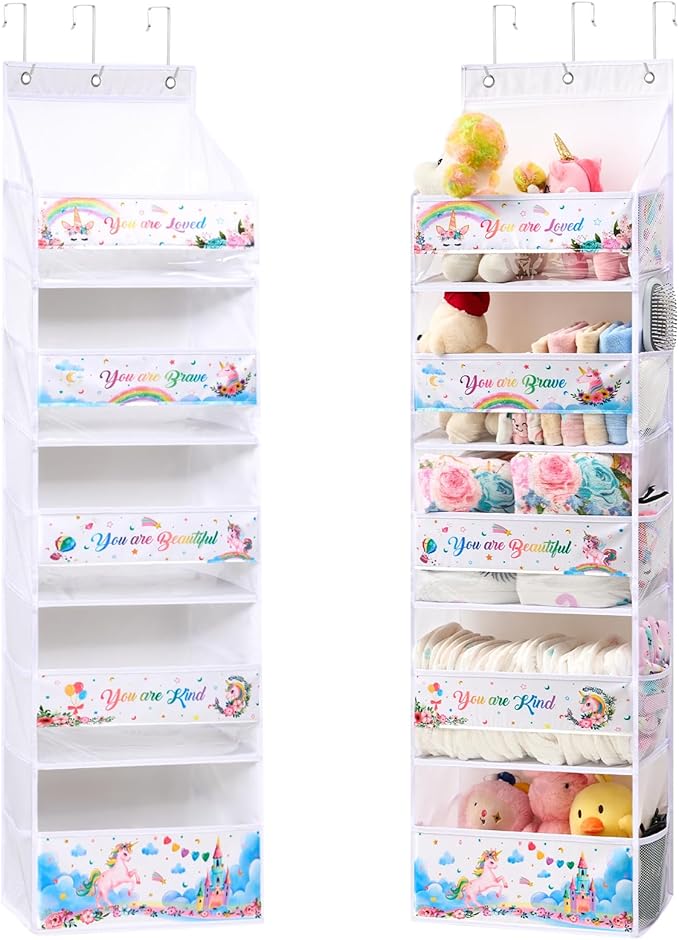 WERNNSAI Unicorn Over the Door Organizer, 5 Large Pockets Hanging Organizer with 10 Mesh Side Pockets, Storage Toy Diaper Baby Essential, Baby Nursery Storage for Girl Bedroom Bathroom Playroom Decor