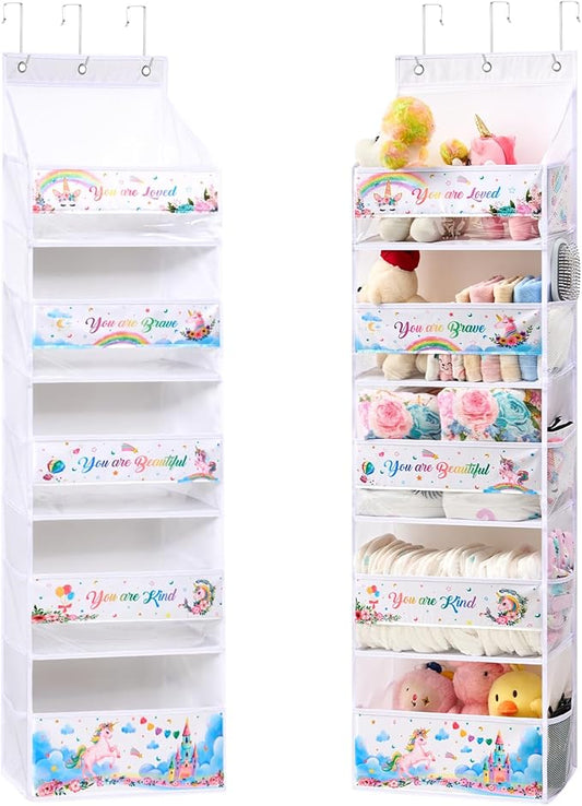 WERNNSAI Unicorn Over the Door Organizer, 5 Large Pockets Hanging Organizer with 10 Mesh Side Pockets, Storage Toy Diaper Baby Essential, Baby Nursery Storage for Girl Bedroom Bathroom Playroom Decor