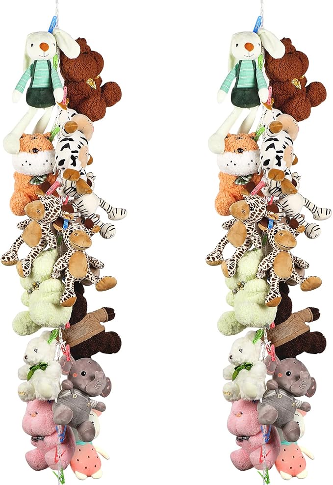 Hotop 2 Pcs Stuffed Animals Storage Chain Hanging Stuffed Animal Organizer with 40 Plastic Clips 79 Inch with Hooks for Wall Bedroom Hanging Hat Socks Holiday Card(Multicolored Clip)