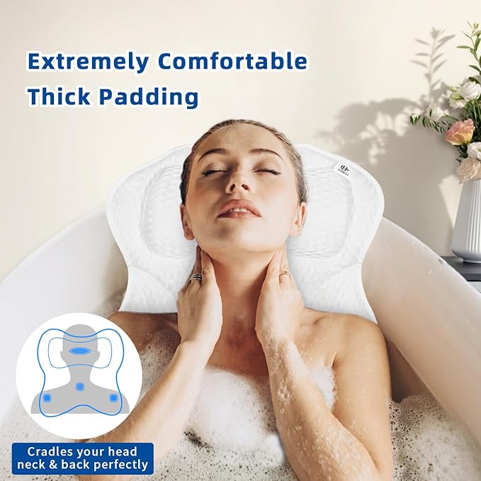 Bath Pillow, Bath Pillows for Tub Neck and Back Support, Bathtub Pillows for Head and Neck with 6 Strong Non-Slip Suction Cups, 4D Air Mesh, Bath Accessories Spa Gifts for Women(White)