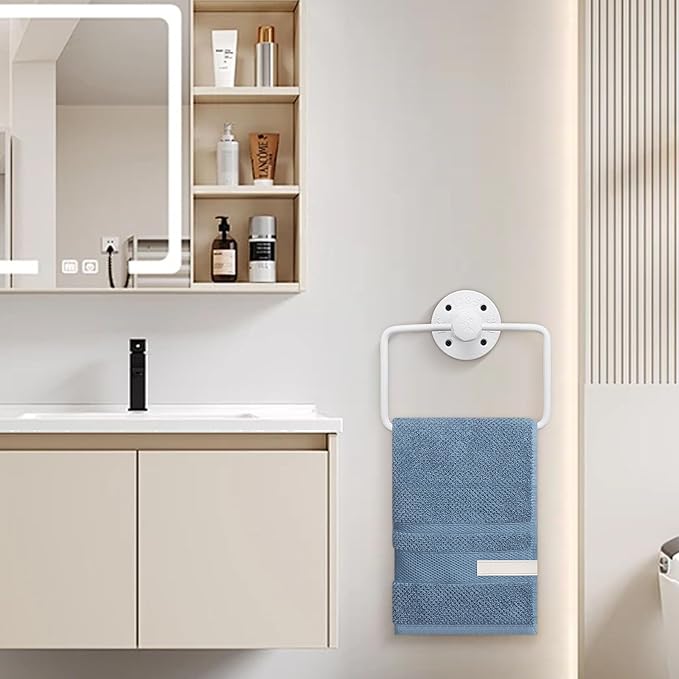 4-Pieces Industrial Pipe Bathroom Towel Ring Kit DIY Wall Mount Accessories Kit Includes Robe Hook Towel Bar and Towel Ring (White 24 inch)