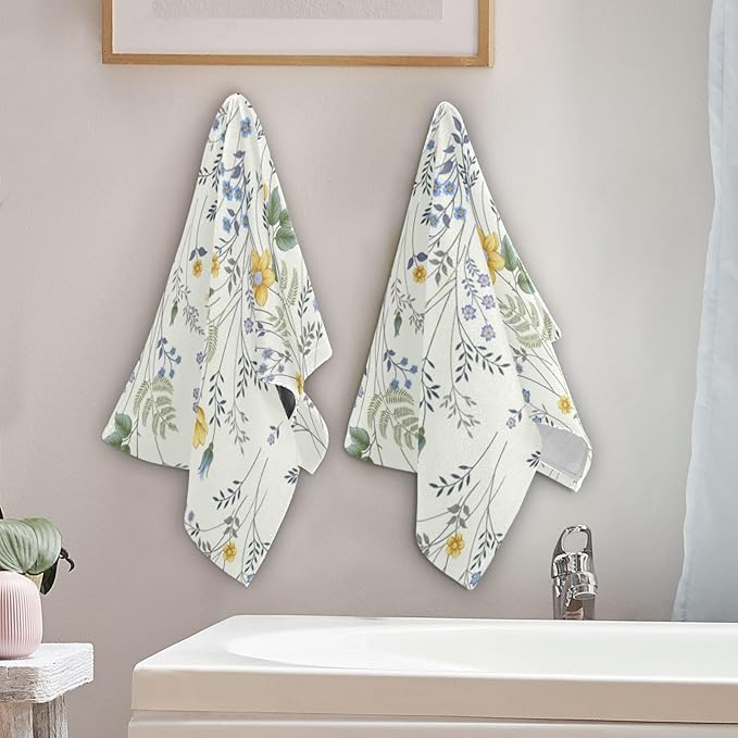 2 Pcs Vintage Blue Yellow Wildflower Hand Towels for Bathroom,Soft Absorbent Green Leaf Botanical Dish Towels for Kitchen,Farmhouse Decorative Bathroom Towels for Bath,Face,Shower 14"x28"