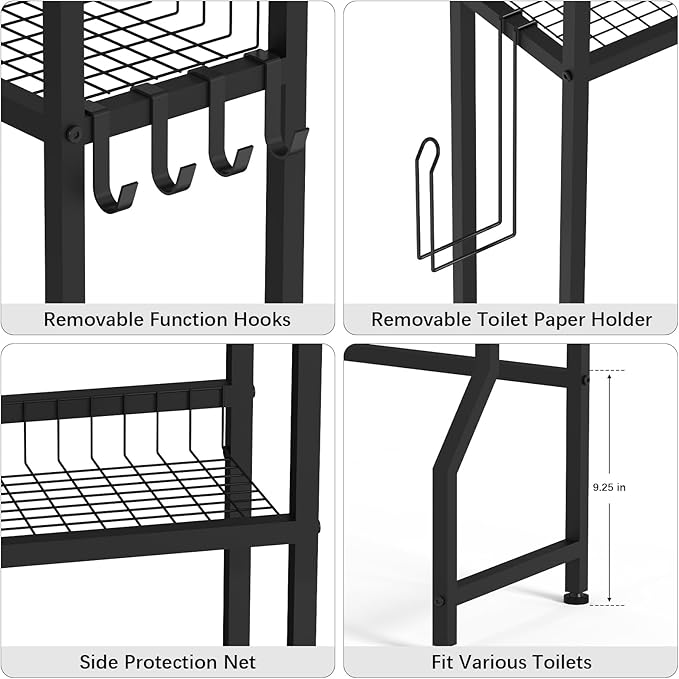 YBING Over The Toilet Rack 3 Tier Bathroom Shelf Over Toilet Storage Organizer Freestanding Above Toilet Storage Rack with Metal Frame and Hook Bathroom Over Toilet Storage Stand Black