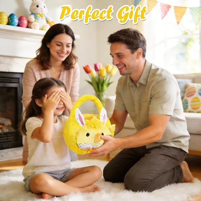 2026 chick Plush Baskets Easter Basket, Easter Egg Hunt Buckets, Easter Decorations Indoor Outdoor, Cute Easter Gifts for Kids, Adults, Teens, Toddlers, Girls