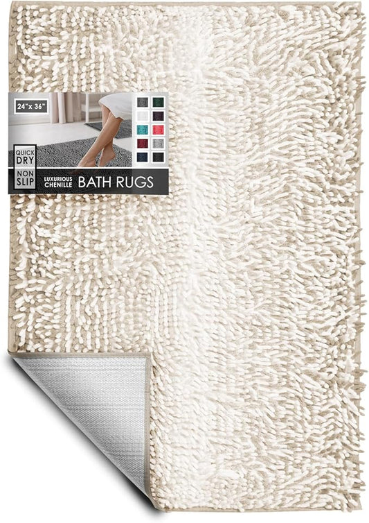 Hearth & Harbor Bathroom Rugs, Chenille Bath Mat - Machine Washable Bath Mats for Bathroom Non-Slip Backing Rubber, Quick Dry Bathroom Mat, 24 x 36 - Ombre Beige