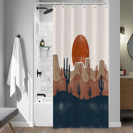 Abstract Mid Century Bohemian Bathroom Shower Curtain Desert Cactus Red Sun Curtain with Hooks, Waterproof Polyester Fabric, 36x72 Inch