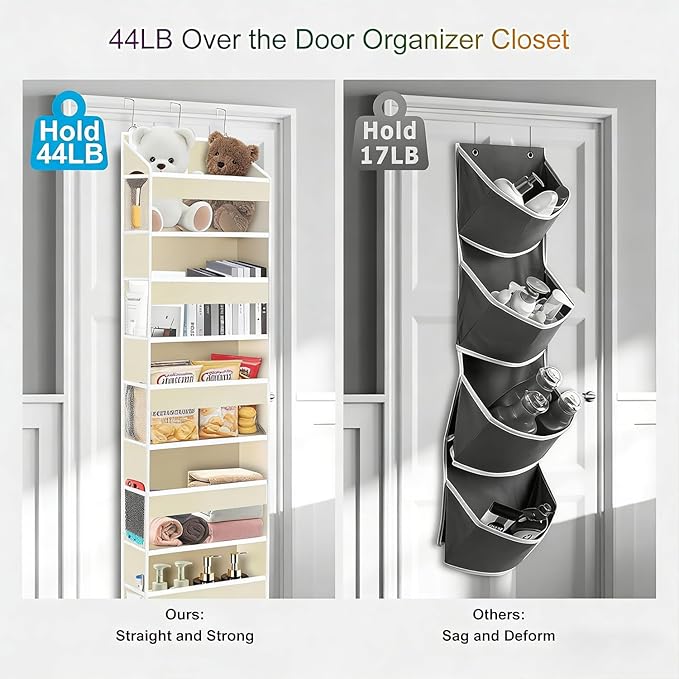 Over The Door Organizer Closet,5 Bins 10 Side Pockets,Hanging Organizer,Anti Tilt 44 lbs Load Door Organizers and Storage with Clear Window for Bedroom,Nursery,Rv,Bathroom,Camper(Beige)