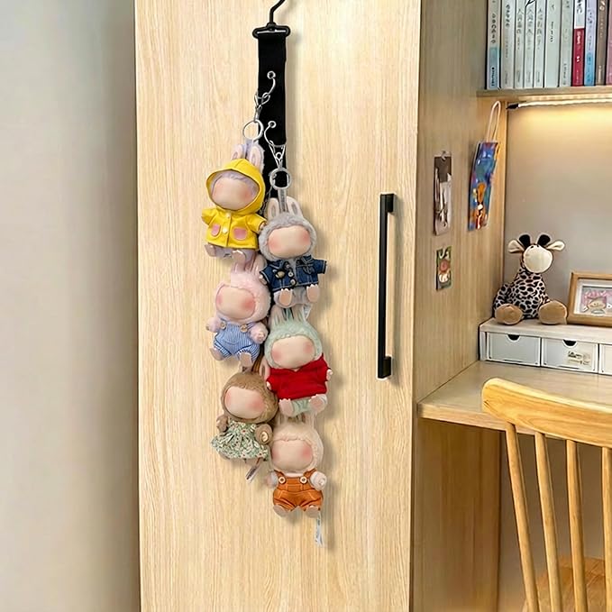 Plush Doll Hanging Storage Rope Display Rack with 8 Clips – Wall Hanging Organizer for Keychain Plushies, Mini Toys– Holds up to 3kg (Black)