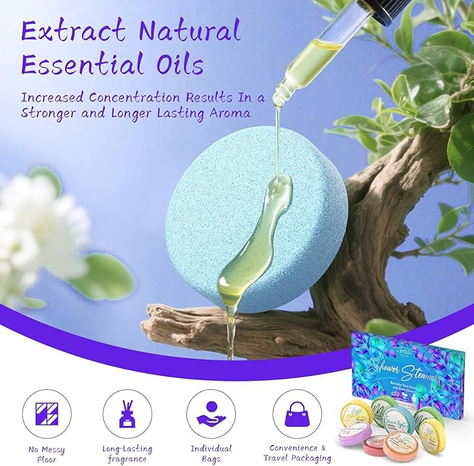 Shower Steamers Aromatherapy 8 Pack - Gifts for WomenSelf Care and Stress Relief Stocking Stuffers, Shower Bombs with Essential Oils, Relaxation Birthday Gifts for Women and Men. Azure Floral Style