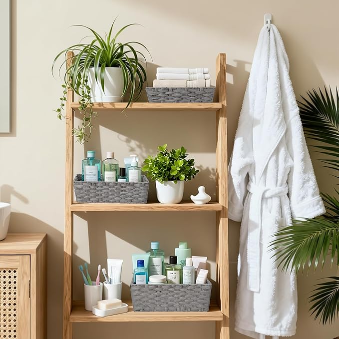 Set of 3 Large Wicker Storage Baskets for Shelves, Wicker Basket for Organizing, Waterproof Woven Baskets for Shelves and Pantry, Toilet, Bathroom, Bedroom, Patio(Gray)