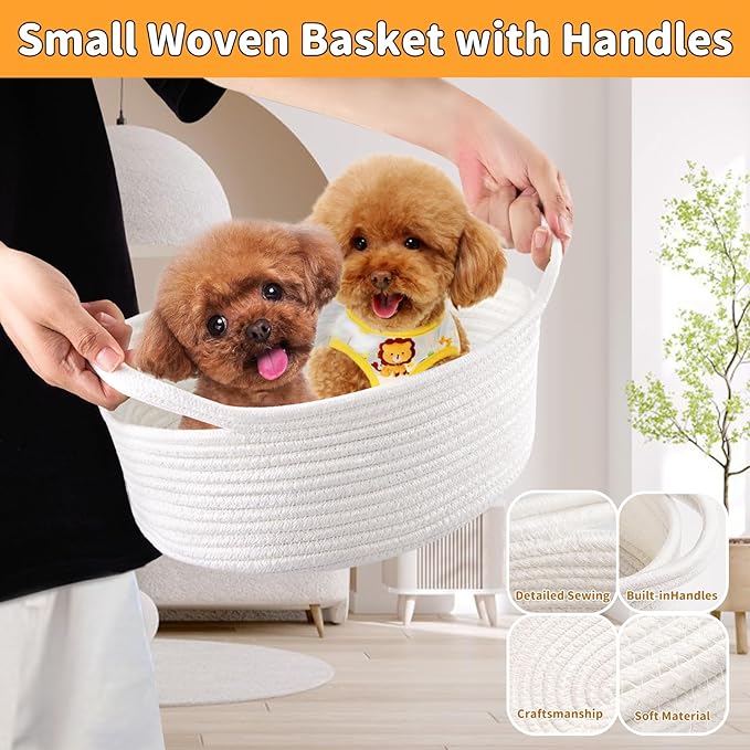 Small Woven Basket with Gift Bags and Ribbons Cute Baskets for Gifts Empty 12"x8"x5" Small Rope Toy Basket for Babies White Baskets for Storage