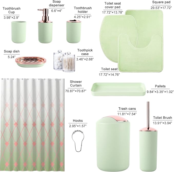 25 Pieces Bathroom Set Green Bathroom Accessories Set, Shower Curtain and Rugs, Trash Can, Toilet Brush, Soap Dispenser, Soap Dish, Toothbrush Holder, Tumbler, Tray, Qtip Holder for Home Decor