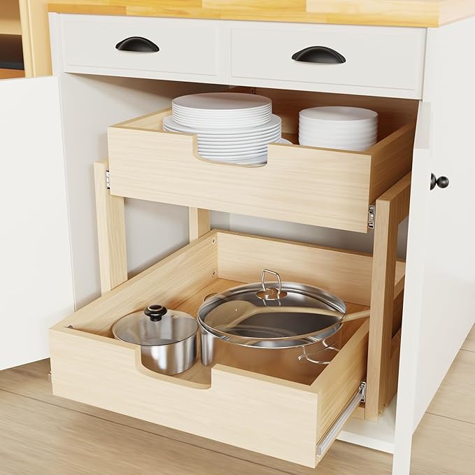 Pull Out Cabinet Organizer, 20''W×21''D×16''H Soft Close Slide Out Wooden Pull out Drawers, Double Tier Slide out Wood Cabinet Organizer, for Base Cabinet Organization in Kitchen, Pantry, Bathroom