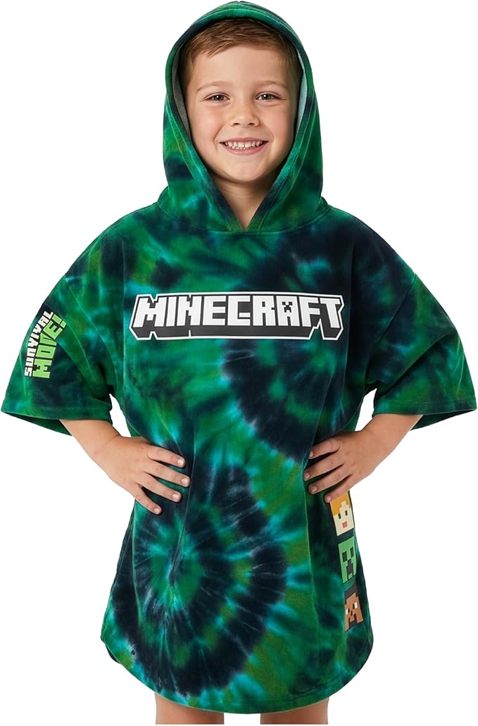 Minecraft Towelling Poncho Kids Teens Hooded Bath Towels Absorbent Beach Towel (Multi Tie Dye, 6-9 Years)