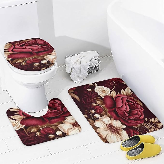 4 Piece Decor Shower Curtains Sets Rug Toilet Lid Cover and Non-Slip U Shape Mat Elegant Burgundy Floral Waterproof Fabric Bath Curtain Red and White Floral for Bathroom Decor Set
