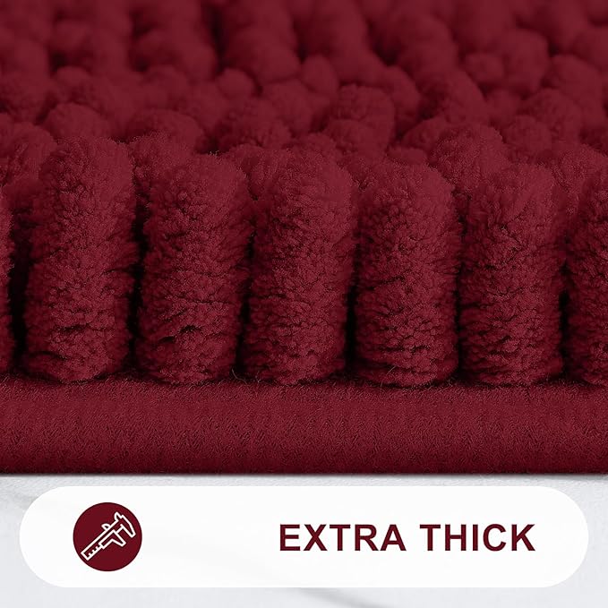 Grandaily Chenille Striped Bathroom Rugs 47x32, Extra Thick and Absorbent Bath Mats, Non-Slip Soft Plush Shaggy Shower Carpet, Machine Wash Dry, Bath Rug for Bathroom, Burgundy