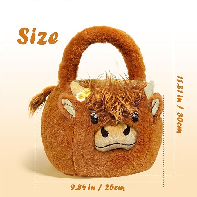 2026 Highland Cow Plush Baskets Easter Basket, Easter Egg Hunt Buckets, Easter Decorations Indoor Outdoor, Cute Easter Gifts for Kids, Adults, Teens, Toddlers, Girls
