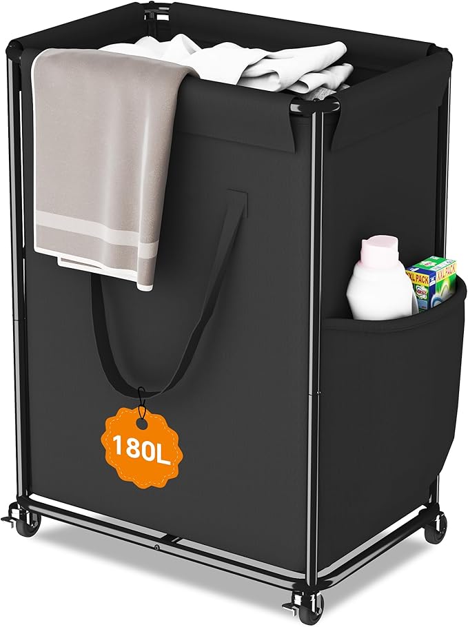 Homeiju 180L Large Laundry Hamper with Wheels, Rolling Laundry Basket with Metal Frame and Removable Bag Design, Dirty Clothes Laundry Cart for Bathroom, Dorm Room, Laundry Room, Black