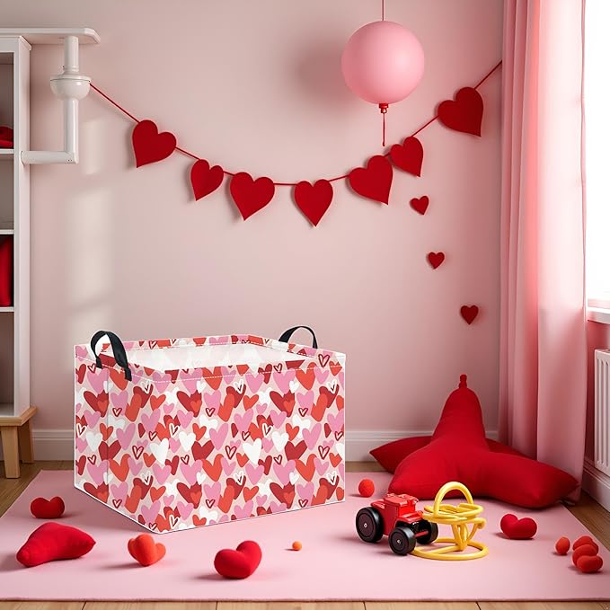 HIYAGON Rectangular Valentines Basket Baby Girl Storage Bin Pink Basket Organizer Box Heart Room Decor(Valentines Heart)