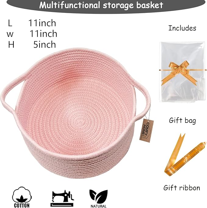 COMFY HOMI Small Woven Gift Baskets with Handles, Gift Bags and Ribbons - Cotton Rope Storage Basket for Organizing, Dog Toy Basket Box, Gift Baskets Empty, Mother’s Day-φ11X5 Inch（all pink）