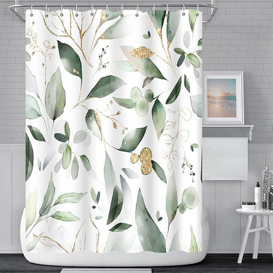 Abstract Eucalyptus Leaves Shower Curtains Sage Green Gold Branches Leaf Nature for Bathroom Farmhouse Style Home Decor Waterproof Polyester Fabric Shower Curtain with Hooks, 72x72 Inch